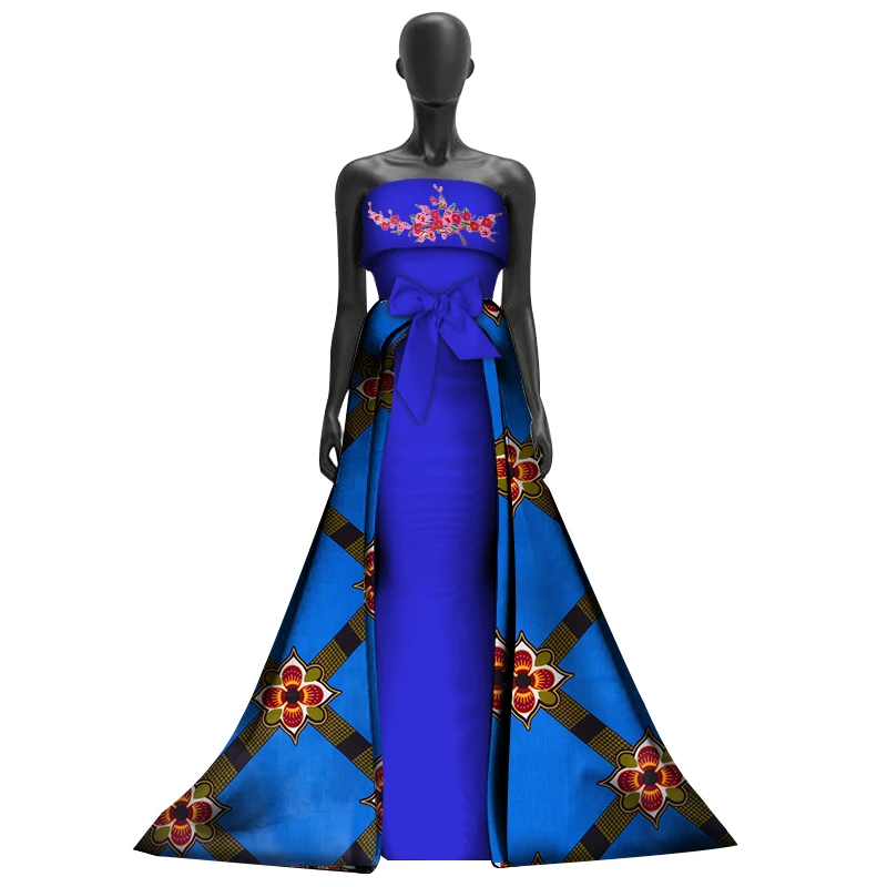 Women Applique Long Trailing Dresses Bazin Riche African Bowknot Print Off Shoulder Dresses for Women African Clothing WY3019