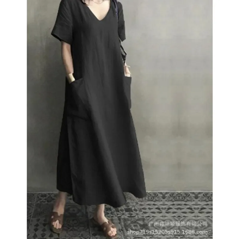 Однотонные свободные миди платье для женщин из хлопка с v-образным вырезом