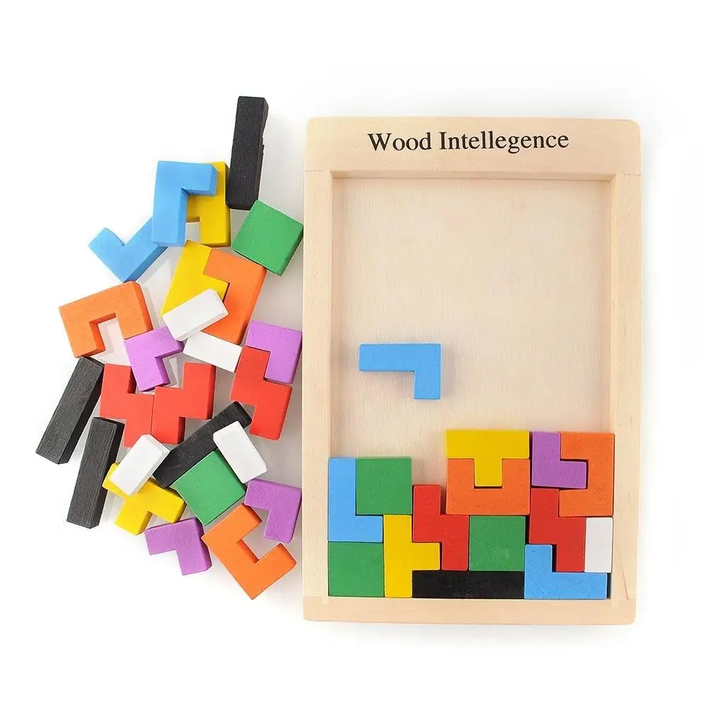 

Children's educational hot-selling Tetris intelligence building wooden jigsaw puzzle toy Colorful Tangram Puzzle Tetris Game