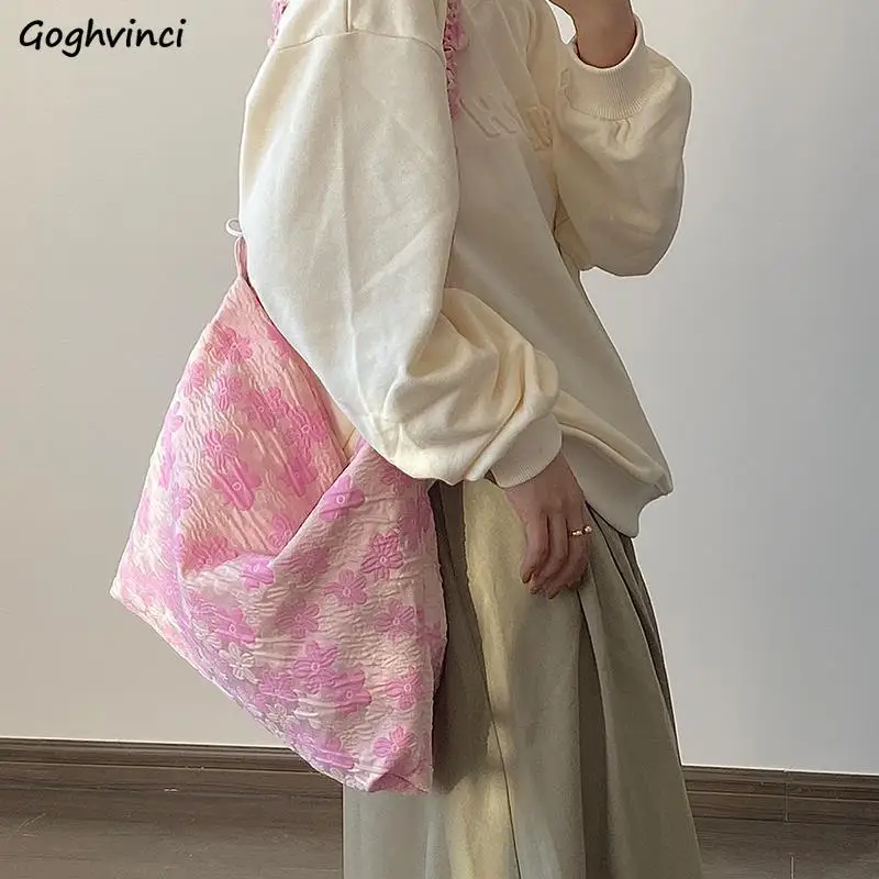

Shoulder Bags Women Canvas Pink Floral Large Capacity Totes Sweet Pleated Cross-body Students Satchel Shopping Handbags Trendy