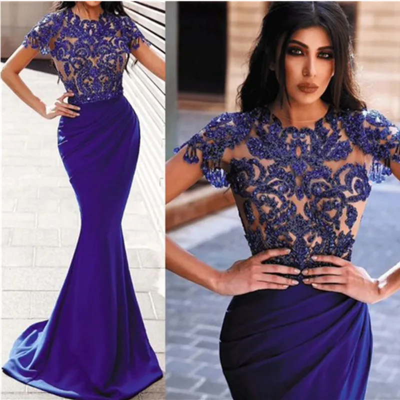 

2023 African Mermaid Prom Dresses Floor Length Women Blue Evening Gown Short Sleeves Lace Prom Party Dress Vestidos De Noche