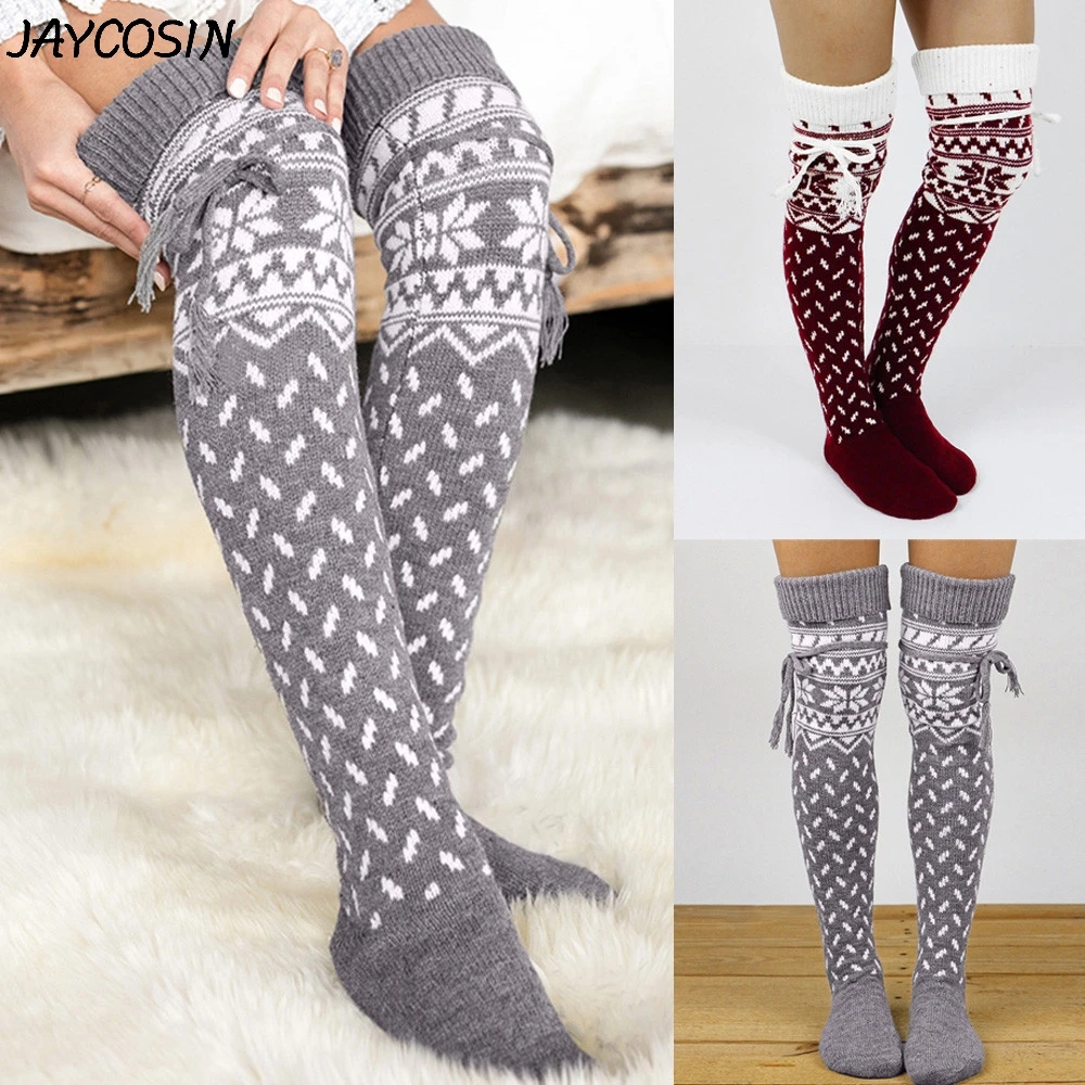 JAYCOSIN, рождественские чулки, Рождественская Снежинка, лося, высокие чулки, Теплые Зимние Вязаные гольфы, вязаные шерстяные чулки