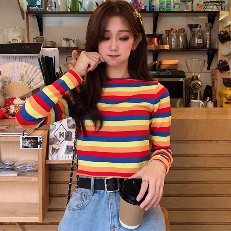 Hot Women Autumn Winter Korean Stripes print patterns which adds cool and refreshing feelings Collar Slim Bottom Knit Sweater | Женская