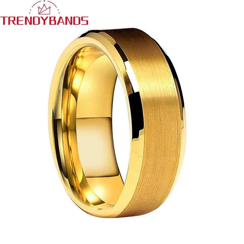 

Tungsten Engagement Wedding Bands For Men Women 6mm 8mm Gold Brushed Finish Beveled Edges Comfort Fit