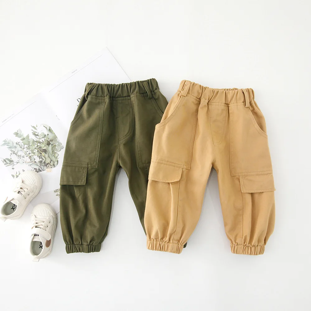 

WLG Autumn boys fashion pants kids pockets khaki army green cargo pants baby boy all match trousers