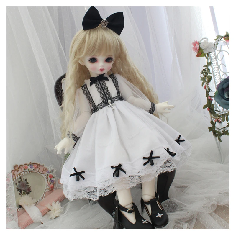 Одежда для куклы 1/4 1/6 платье белое с черным кружевом аксессуары шарнирных кукол +