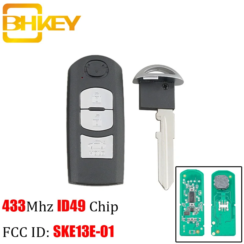 BHKEY 433 МГц ID49 3 кнопки умный ключ, пригодный для MAZDA CX-3 CX-5 Axela Atenza модель SKE13E-01 Автомобильный ключ дистанционного управления
