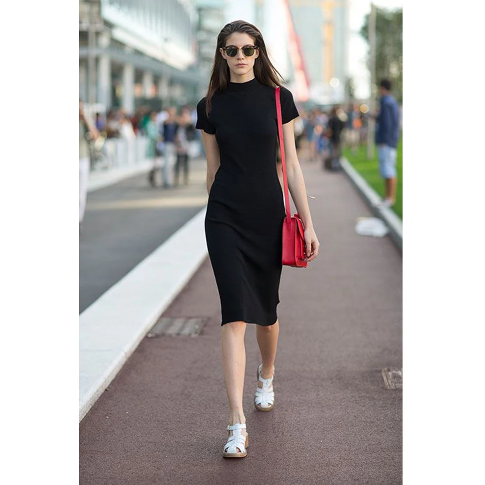 Летняя Повседневная Женская одежда для отпуска, черное платье средней длины с коротким рукавом и воротником от AliExpress WW
