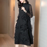 unique trendy stand collar long sleeve dress 3d floral embroidery comfort dresses for women elegant black mid length dress