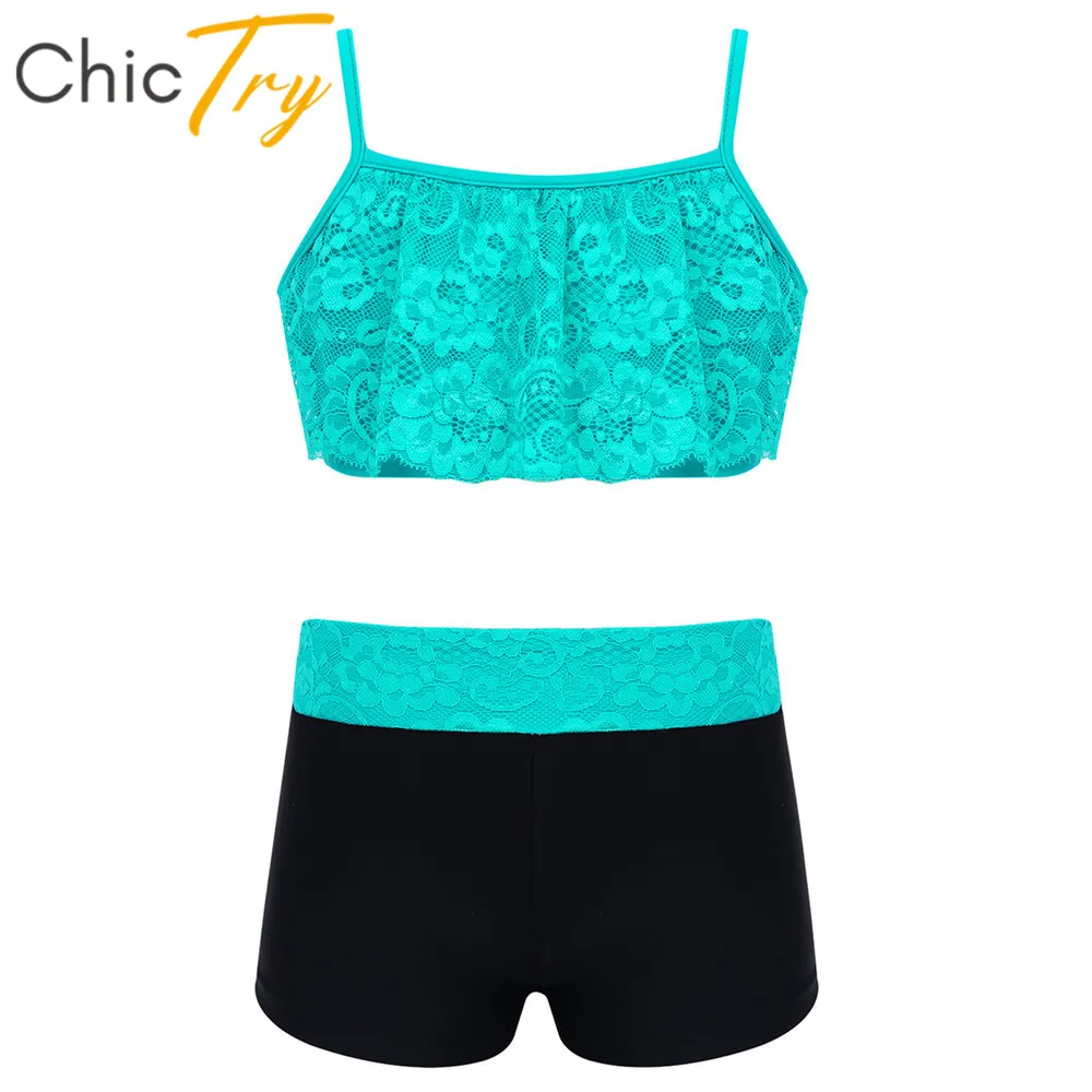 

ChicTry Kids Girls Spaghetti Straps Floral Lace Crop Top with Ballet Gymnastics Shorts Set Tankini Dancewear Performance Costume