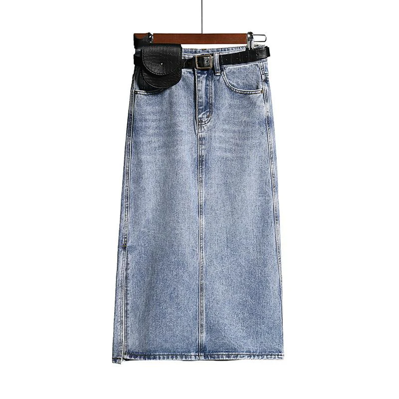 

Long Denim Skirt Women Vintage High Wasit Jeans Skirt with Belt Plus Size Straight A-line Pencil Skirt Elegant Summer Chic
