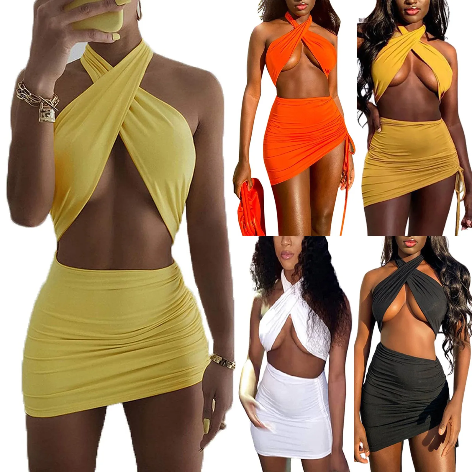 

Criss Cross Neck Tie Up Mini Dresses Women Halter Rucked Hollow Out Night Club Party Dress Spring Skinny Bodycon Vestidos