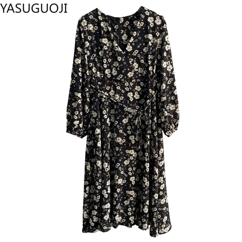 

YASUGUOJI 2020 Spring New Style CHIC Waist Hugging Bow Floral Print V-neck Long-sleeve Dress Women's