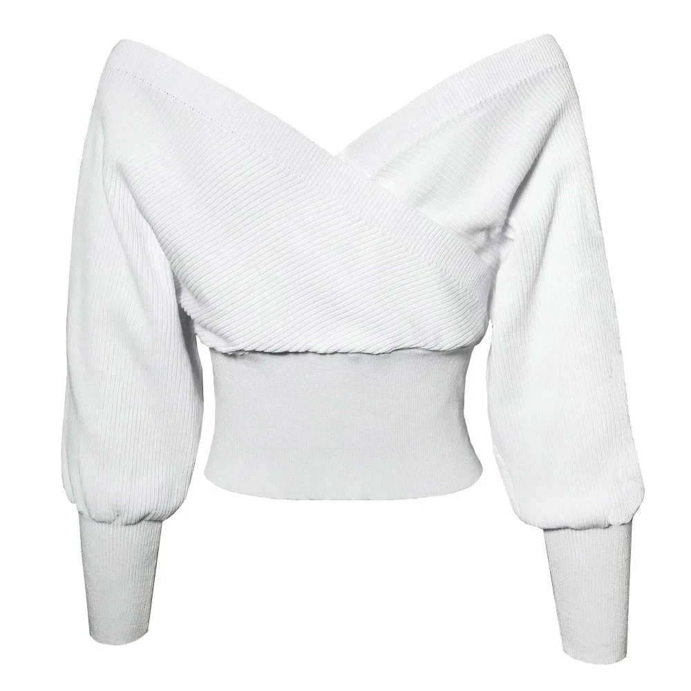 

Knit Deep V Neck Bat Sleeve Irregular Criss Cross Pullover White Long Sleeve Loose Plus Size Top Design Streetwear Sweater Women