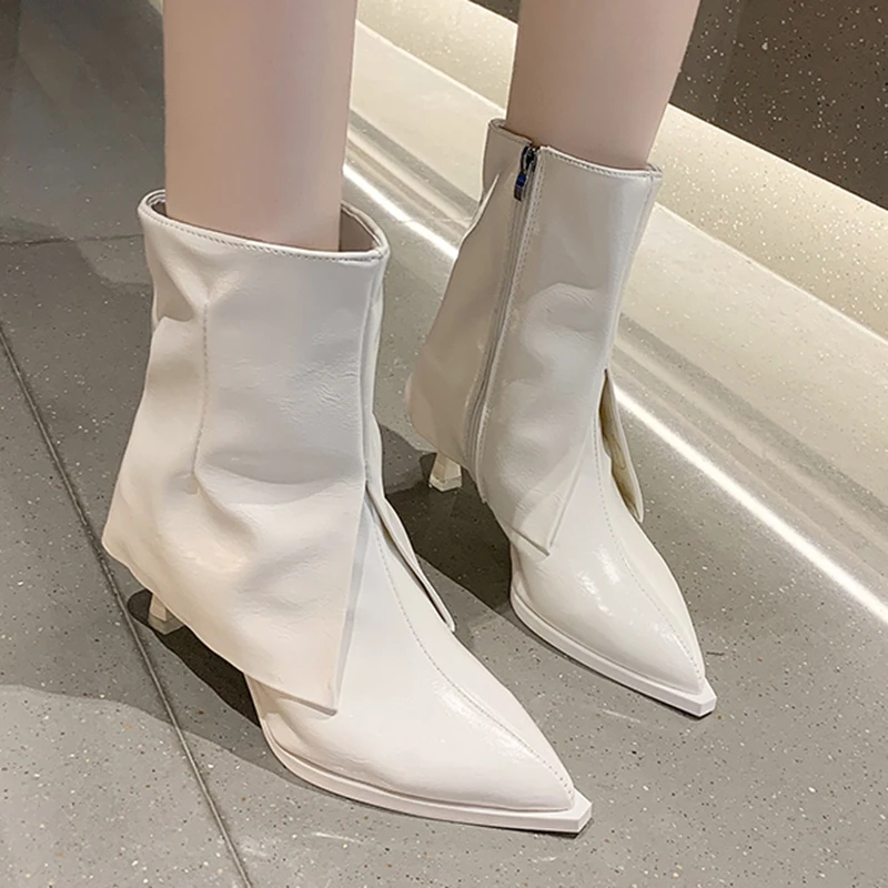 

Rimocy 2021 Women's Pointed Toe Mid Calf Boots Autumn Patent Leather High Heels Boots Woman High Street Side Zipper Knight Botas