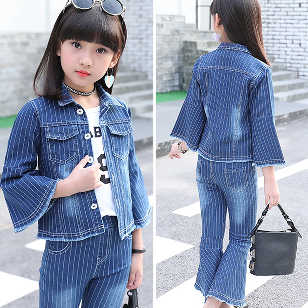 Детский джинсовый комплект для девочек модные джинсы в полоску с
