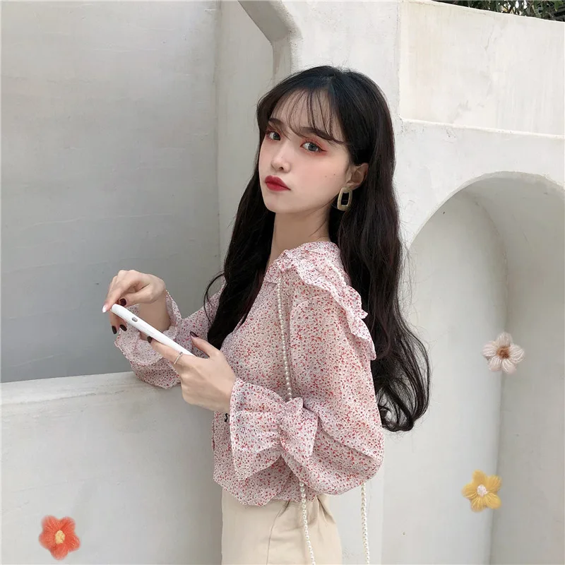 

Summer Long Sleeve Shirts Sweet Style Loose Chiffon Shirts Korean Clothes Womens Tops and Blouses Loose Print V-neck Thin New