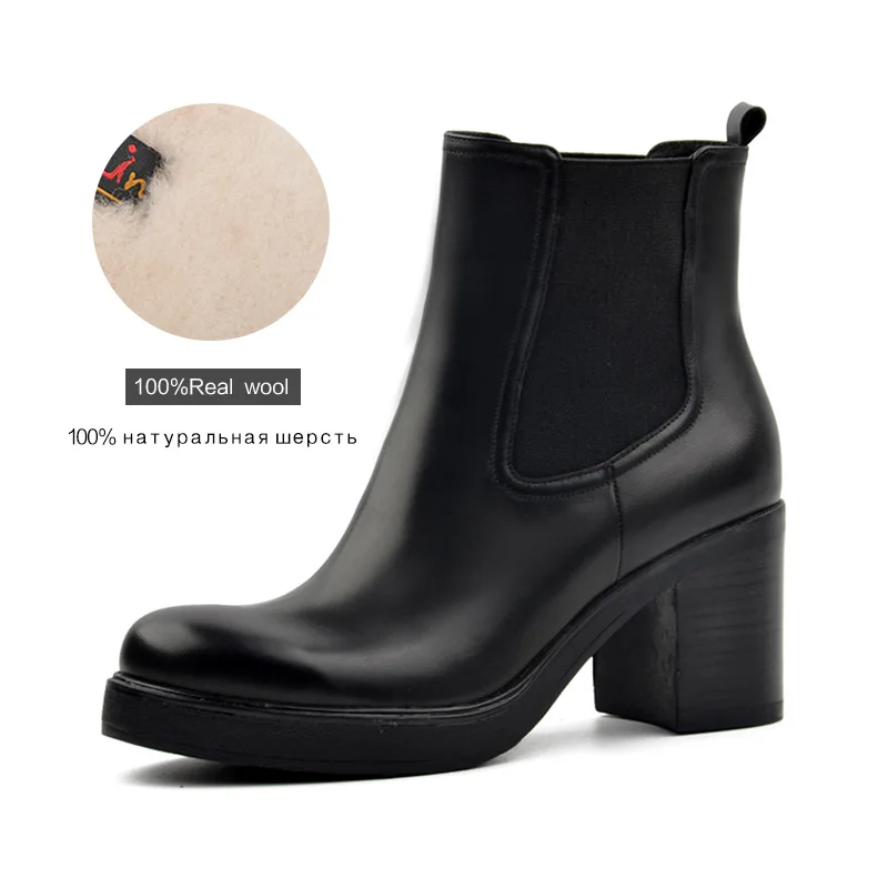 Black wool Donna-in/ г., зимние женские ботинки женская обувь из натуральной кожи ботильоны «Челси» на платформе и высоком каблуке Модные женские ботинки - Цвет: Black wool