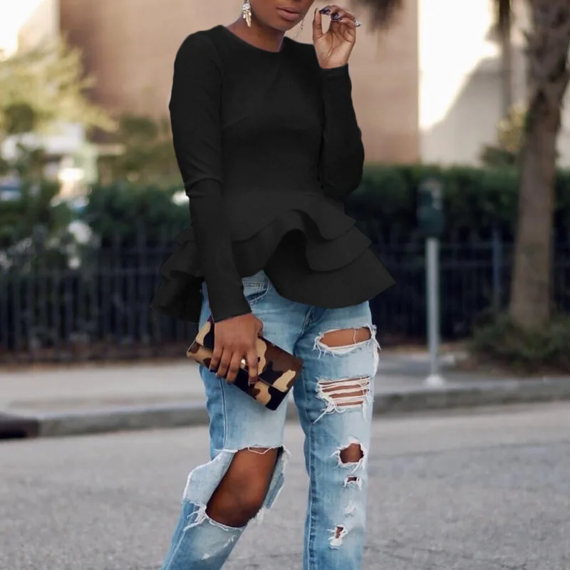 

Long Sleeve White Ruffle Hem T-shirt Autumn Women Tops Office Lady Winter Casual Peplum Tops Elegant Black Red Female New Tees