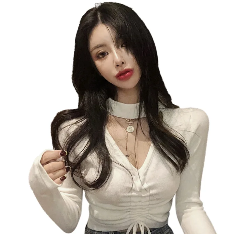 

Sexy V Neck Halter Knitted Bottoming Shirt Slim Thin T-Shirts Women Korean Style Crop Top Women's t-shirts