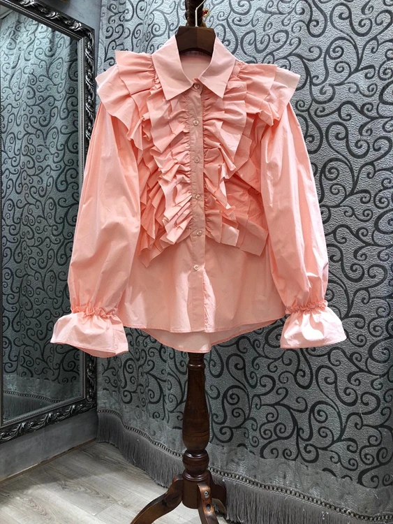 

2020 autumn and winter new fashion sweet style lapel irregular fungus stitching neckline long sleeve solid color shirt