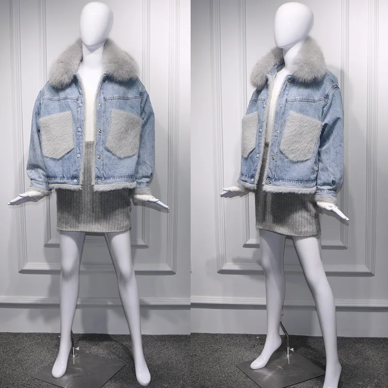 Женская куртка из джинсовой ткани свободная флисовая с воротником натурального