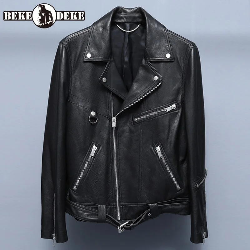 

Men Motorcycle Jackets Lapel Multi-Zippers Sashes Multi-Pockets Cowhide Short Coat Genuine Leather Straight Black Outerwear