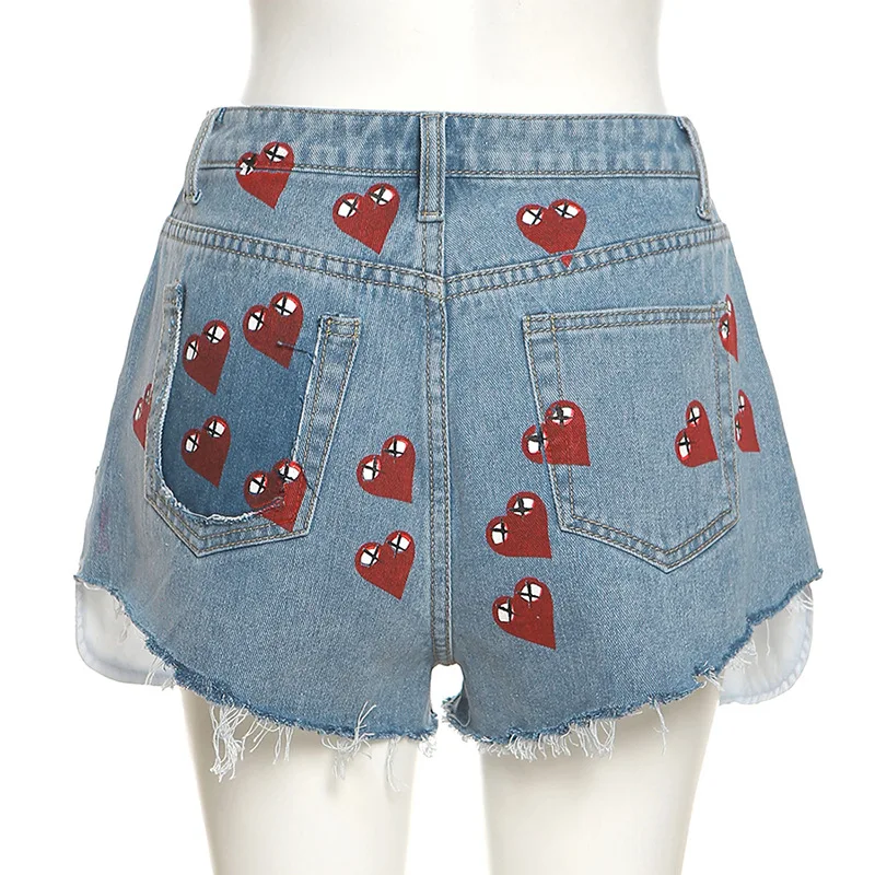 

Heart Print Sexy Booty Shorts Ripped High Waisted Jeans Woman High Waist Denim Trousers Streetwear Women Dropshipping