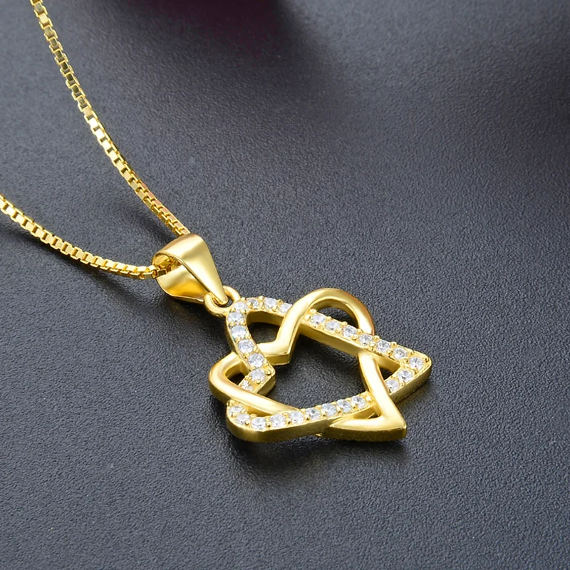 

925 Sterling silver Pendant with Brilliant Zircons Yellow Gold Cover Double Heart Love Jewelry CHDBD002860