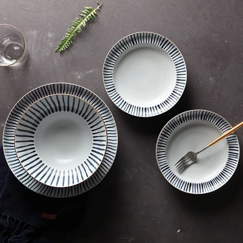 Керамическая посуда FANTERCY с ручной росписью и синей линией кухонная бинауральная