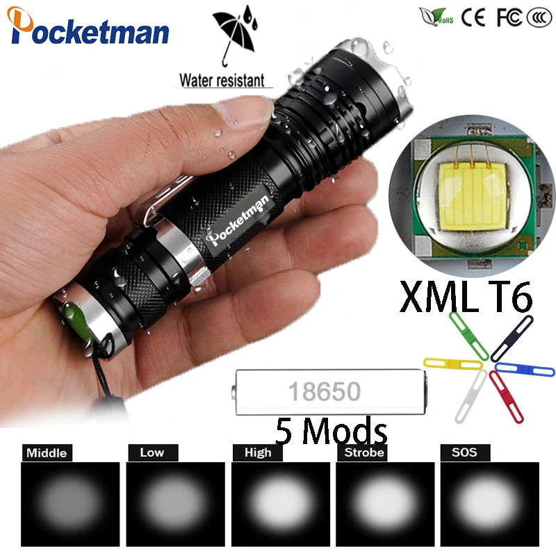 Super Bright Waterproof Most Powerful XML-T6 LED Flashlight Zoomable 5 modes torch 18650 Belt Clip Lantern z90 for outdoor FS | Освещение