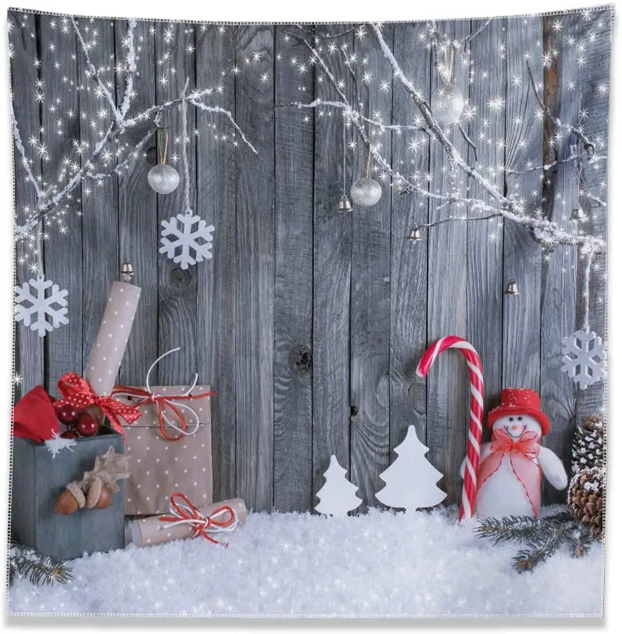 Christmas Tapestry Vintage Grey Wood Board Snowflake Fir Branch Snowman Winter Xmas New Year Home Living Room Decor Wall Hanging