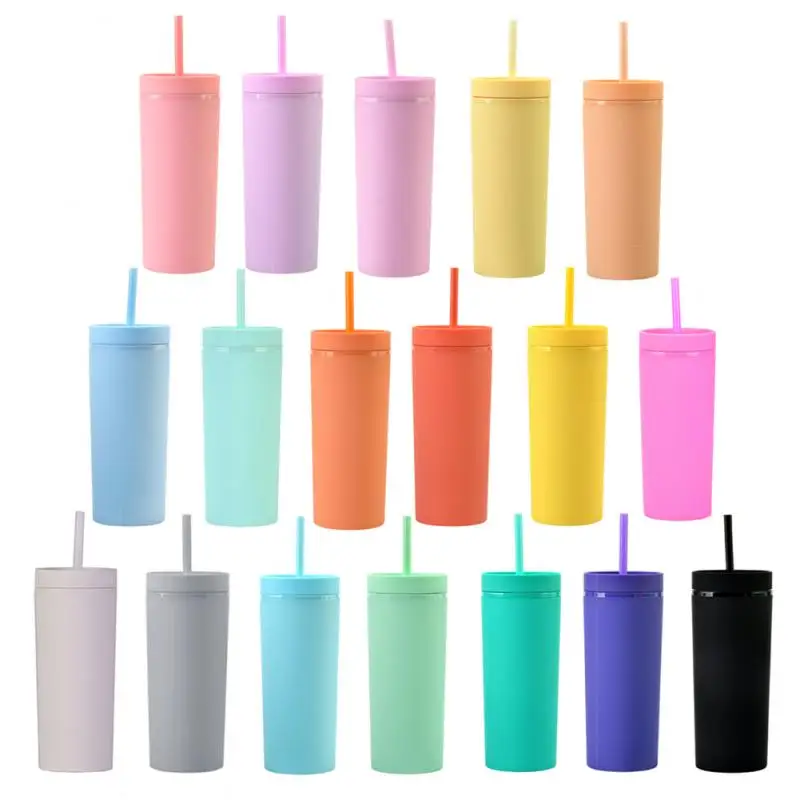 

16oz Double-layer Plastic Frosted Water Cup 450ml Colorful Matte Water Bottle With Straw And Lid Coffee Cup Mug Tumbler Gifts