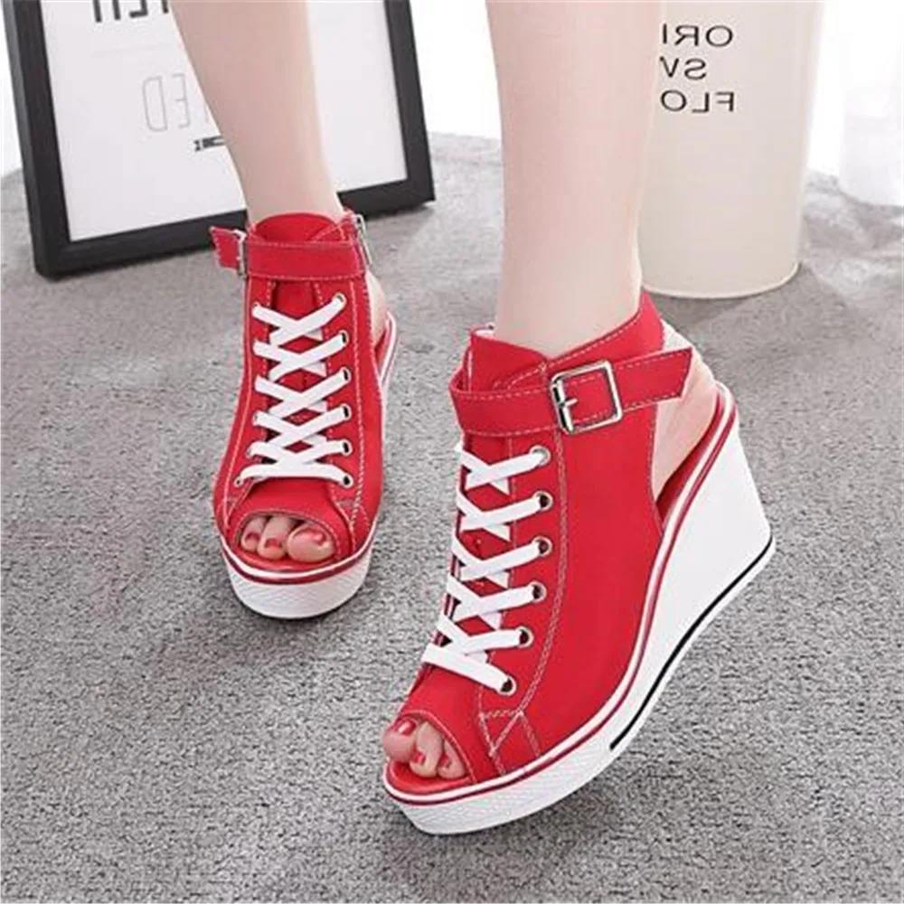 

2021 New Spring Autumn Side Zipper Sandals 8CM Thick Sole Wedge Lace Up Canvas Shoes Women's Muffin Casual Shoes White Black Red