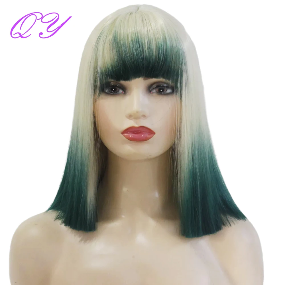 

14inch Synthetic Cosplay Wig Silky Straight Linen Ombre Green Short Bob Women Wig Anime Costume Party High Temperature Girl Hair