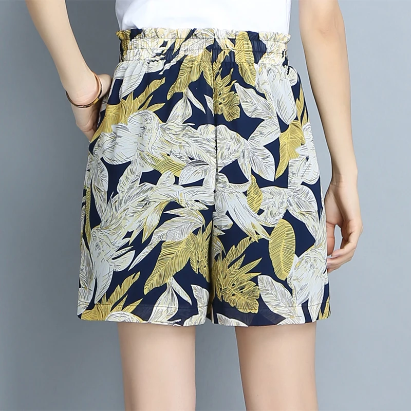 Женские эластичные шорты с высокой талией желтые цветочным принтом в Корейском