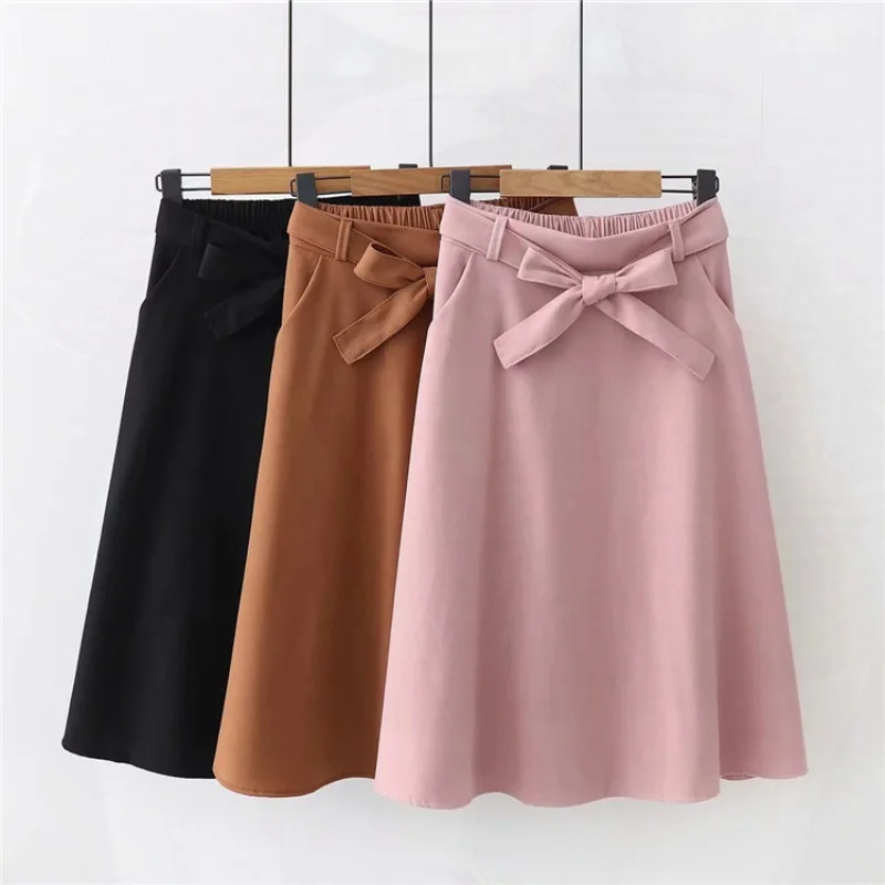 

Elegant Women Skirt High Waist Pleated Knee Length Skirt Vintage A Line Big Bow Skirts