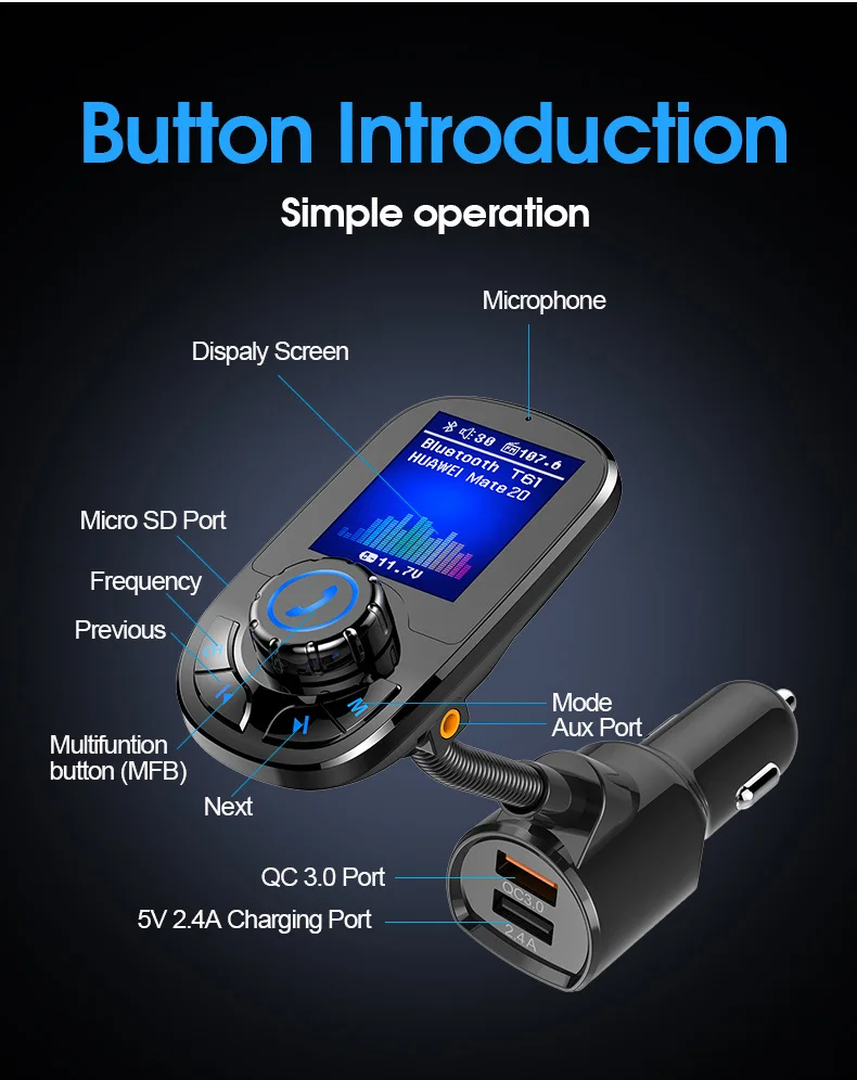 Автомобильный MP3 плеер JINSERTA Bluetooth 5 0 приемник FM передатчик двойной USB QC3.0 зарядное