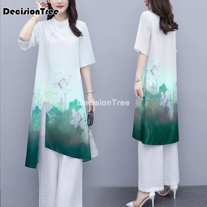 

2021 vintage traditional chinese clothing cheongsam shirt woman cheongsam blouse cotton linen qipao tops+pant tang suit set