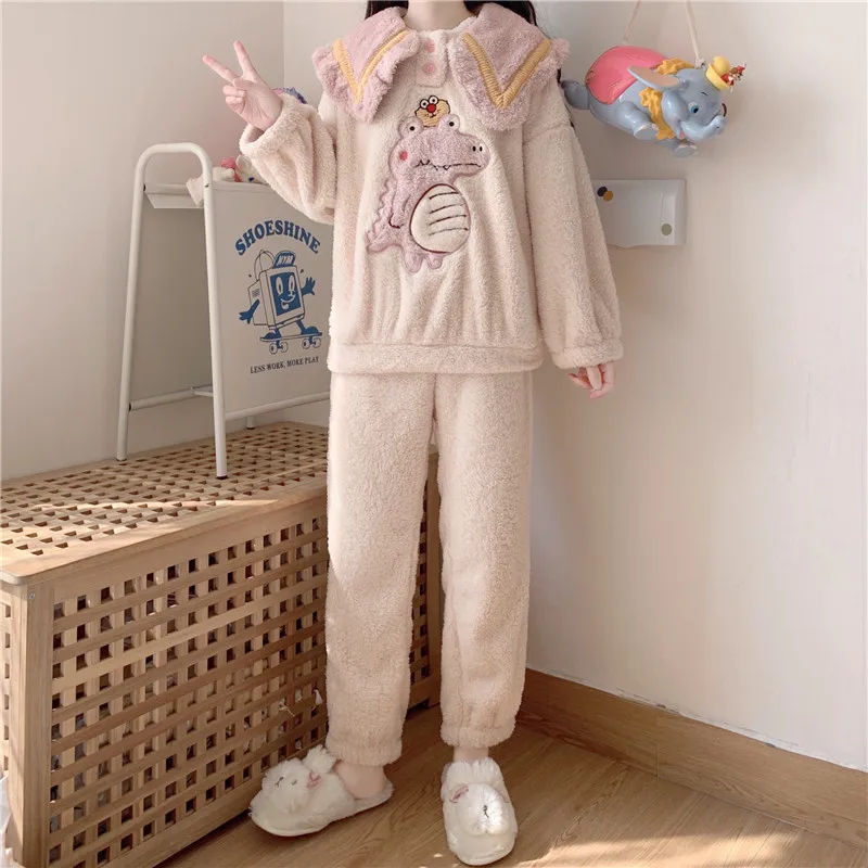 High Waist Trousers Little Dinosaur Col Claudine Top Thickened Fleece Pajamas Suit Can Go out Pajamas Women's Autumn and Winter