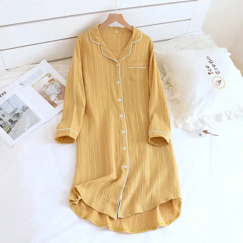 

Vero senhoras de algodo camisas de manga comprida plus size sleepwear camadas gaze sleepwear vestido de