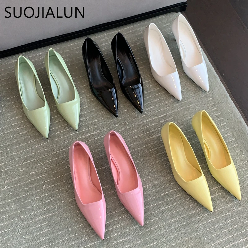 

SUOJIALUN Fashion Pointed Toe Women Pumps Shoes Patent Leather Shallow Slip On Ladies Elegant Dress Shoes Thin Low Heel Mujer