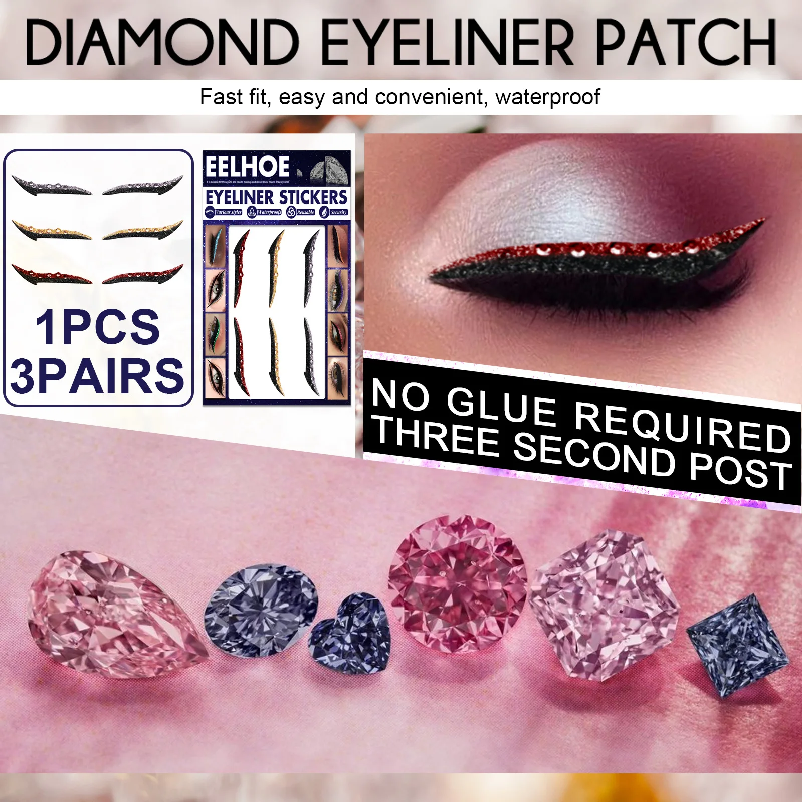 

Бесплатная доставка, стикер для линии век Eelhoe, трехцветная Алмазная подводка для глаз, блестящие тени для век, для сцены, вечеринки, ночного ...