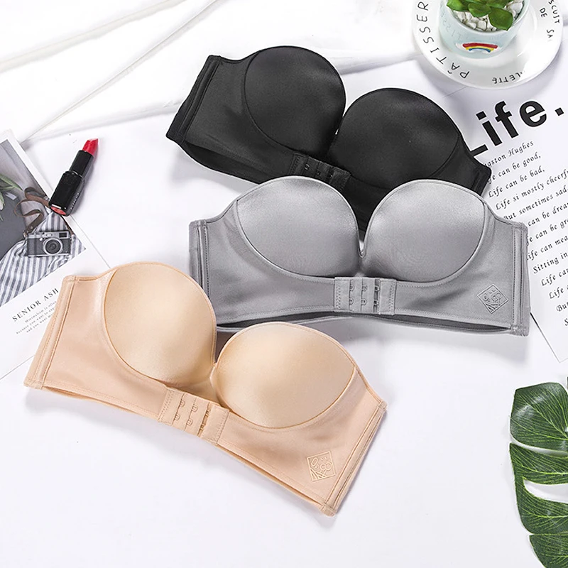 

Women Sexy Strapless Push Up Bra Front Closure Bralette Invisible Bras Underwear Lingerie 1/2 Cup Seamless Brassiere ABC Cup