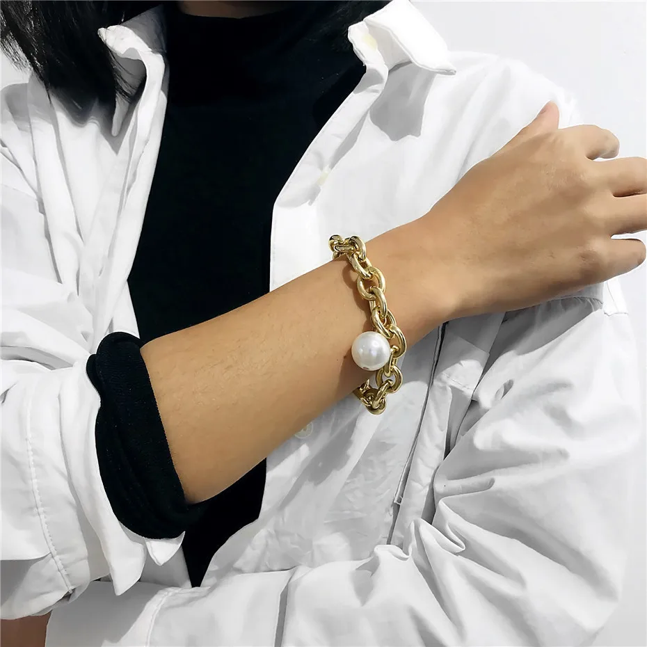 Ingemark Bohemian Imitation Pearl Pendant Bracelet Bangle Women Wedding Accessories Punk Heavy Thick Chain Bracelet Steampunk