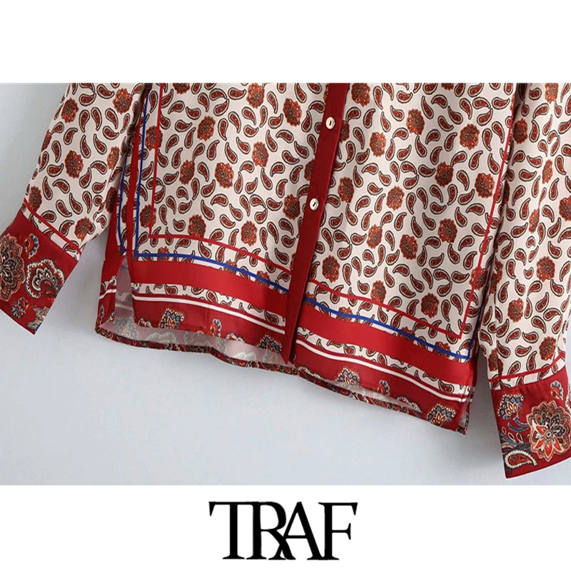 

TRAF Women Fashion Paisley Print Button-up Blouses Vintage Long Sleeve Side Vents Female Shirts Blusas Chic Tops