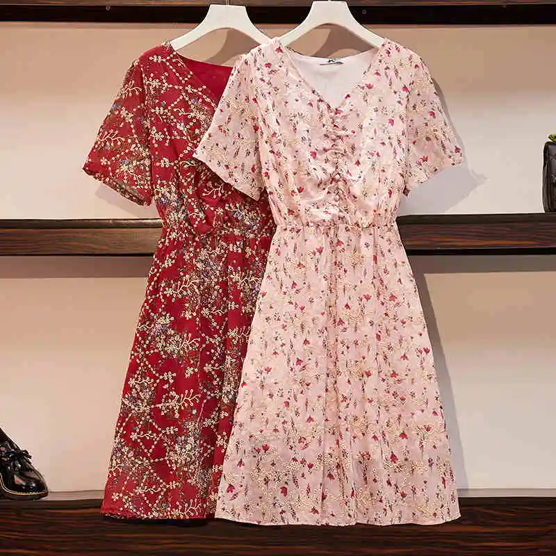 

5XL 6XL 2020 summer women floral embroidery printed plus size dress ladies v-neck short sleeve midi dress JC141