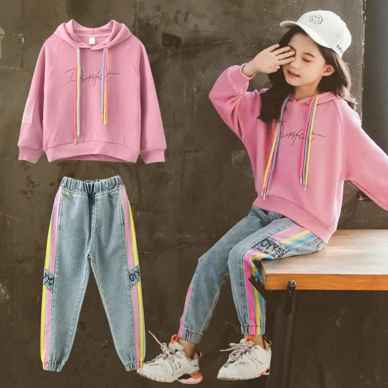 New Autumn Spring Girls Clothing Suits Pullover Kids Colored Cotton Sweatshirt Tracksuit Sport Suits Outwear Jean Pants