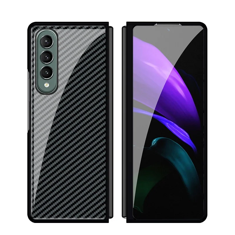 Luxury Tempered Glass Case For Samsung Galaxy Z Fold4 Fold 3 2 Metal Plated Frame Carbon Fiber Texture Cover