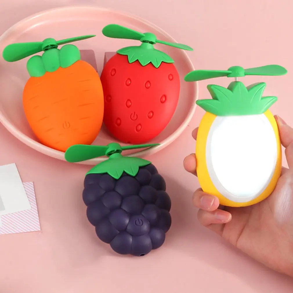 

Fruit mini handheld pocket charging fan Plastic LED night light USB charging Summer travel Outdoor cartoon Home use